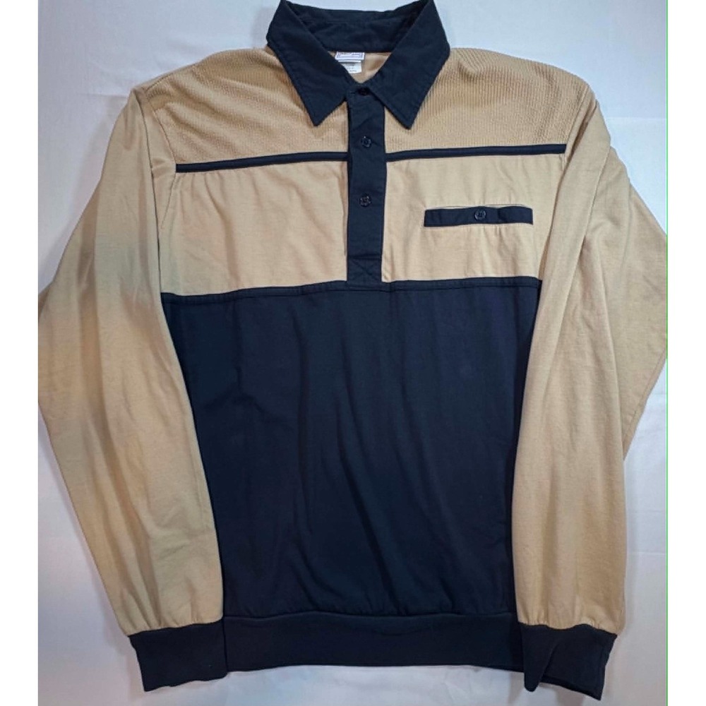 Vintage Haband Casual Joe Polo Shirt Knit Long Sleeve Colorblock Tan Navy L